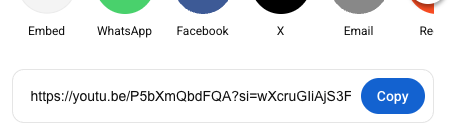 YouTube Share dialog with sharing options and Copy button
